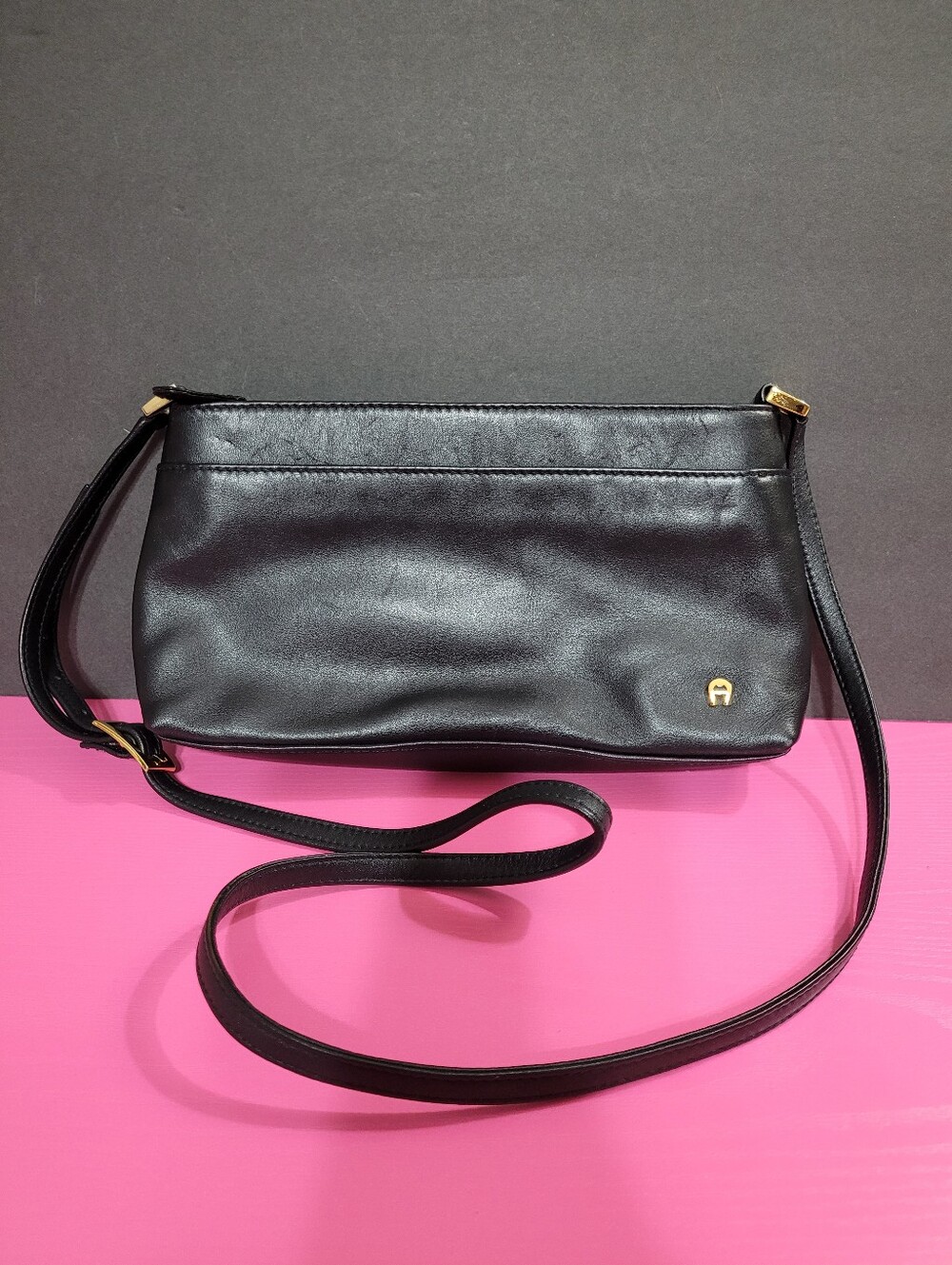 Etienne Aigner Black Leather Small Crossbody with Gold Accent (1380)